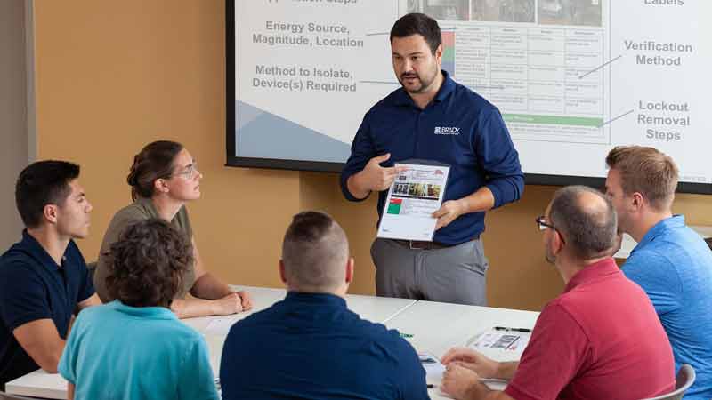 A man is delivering a lockout procedure training sessions to a group of workers in an office conference room.